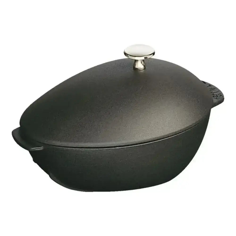 Staub oval cast iron mussel pot 2l in black with silver knob lid and side handles for versatile cooking
