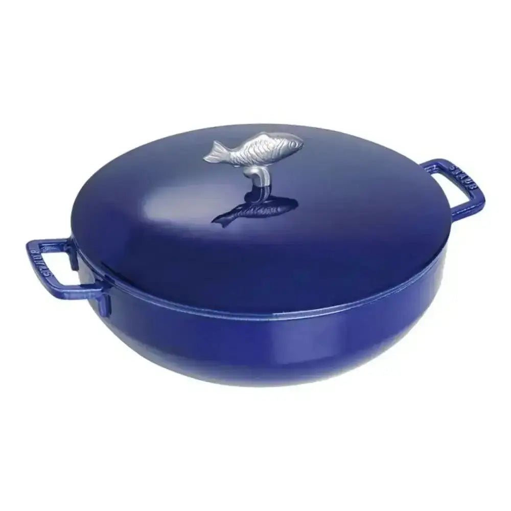 Deep blue enameled cast iron staub round bouillabaisse pot 4.7l with silver fish shaped lid handle