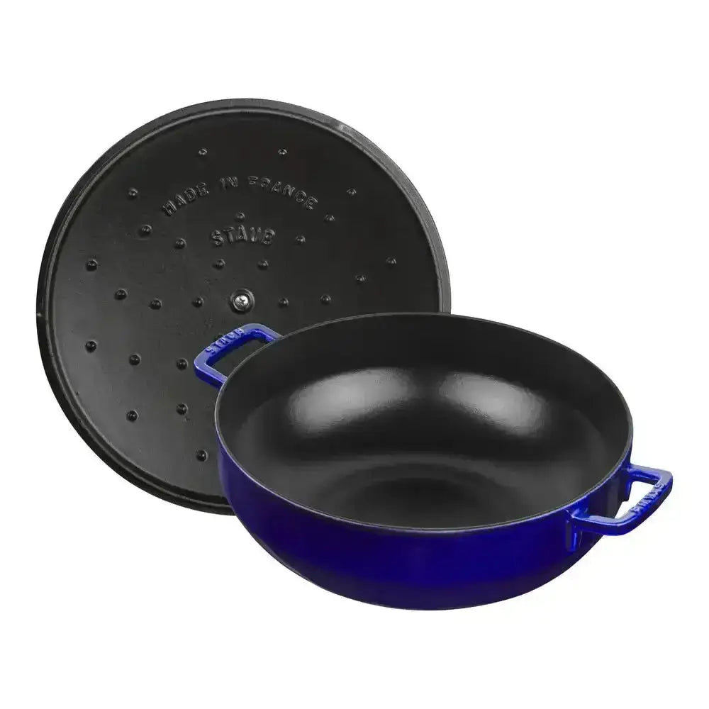 Royal blue enameled cast iron staub round bouillabaisse pot 4.7l with matching lid made in france