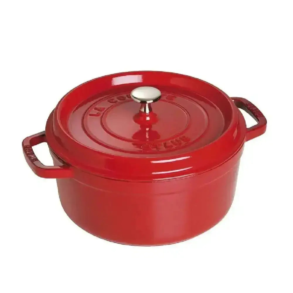 Staub round cast iron casserole pot 3.8l red enameled dutch oven with silver knob and embossed lid
