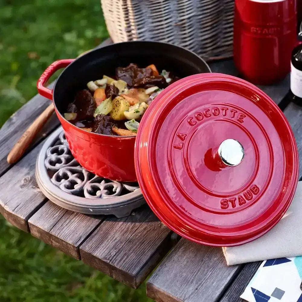 Staub round cast iron casserole pot 3.8L red enameled with black interior and silver knob dutch oven
