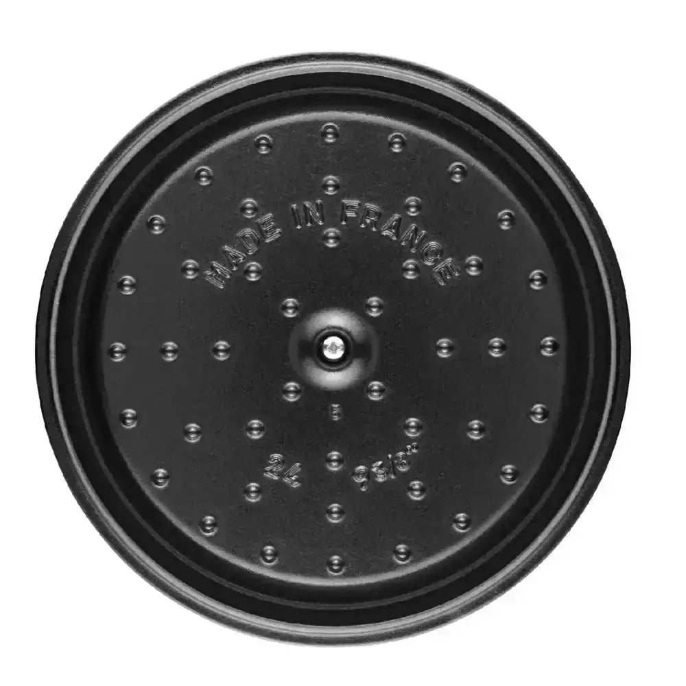 Black enameled cast iron lid of staub round cast iron casserole pot 3.8l sage with made in france and size markings