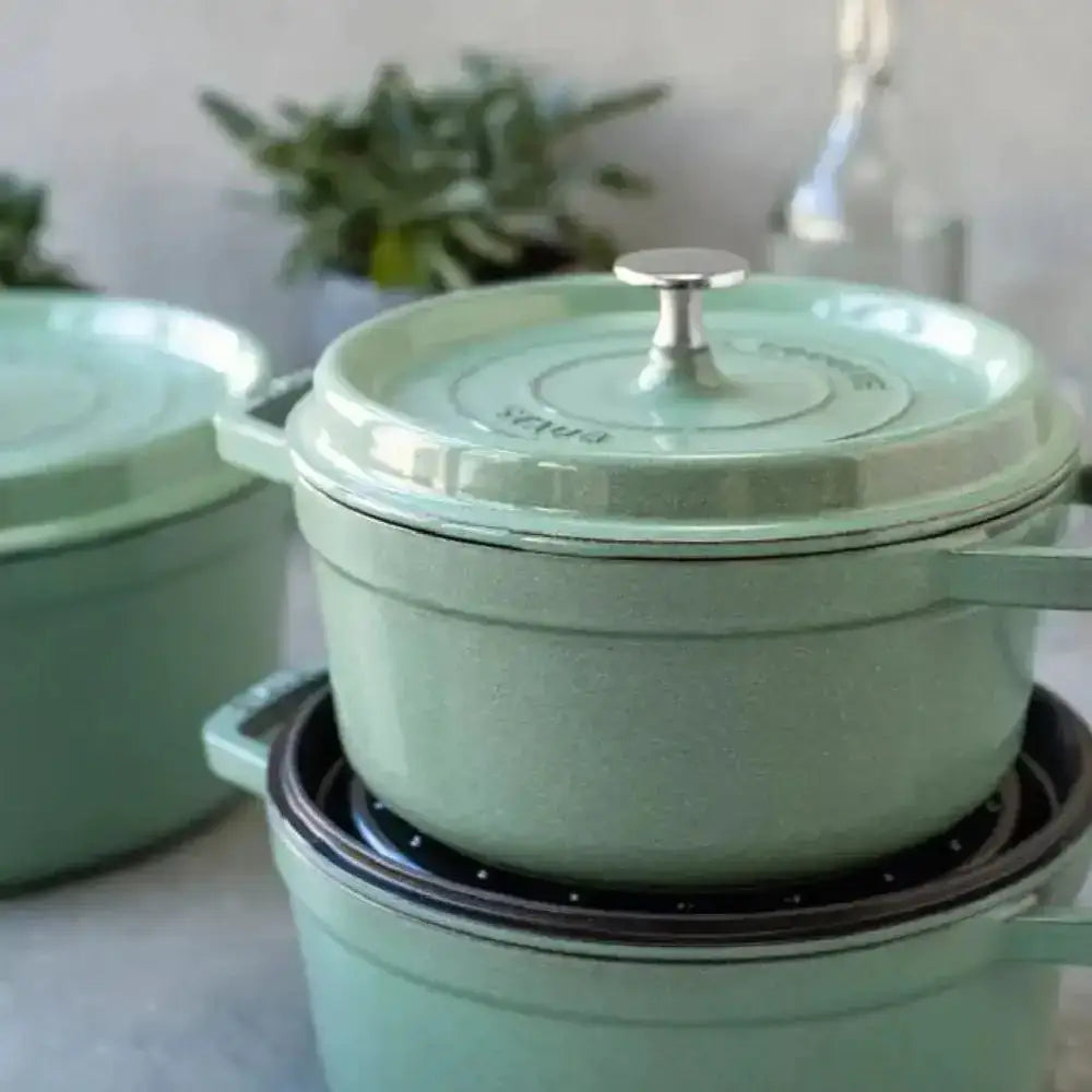 Staub round cast iron casserole pot 3.8l sage in mint green enamel with silver knob and embossed lid