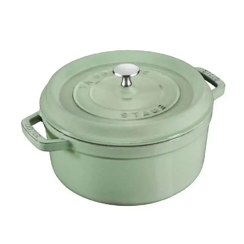 Mint green staub 2.5-quart round cast iron dutch oven with silver knob and side handles for casserole cooking