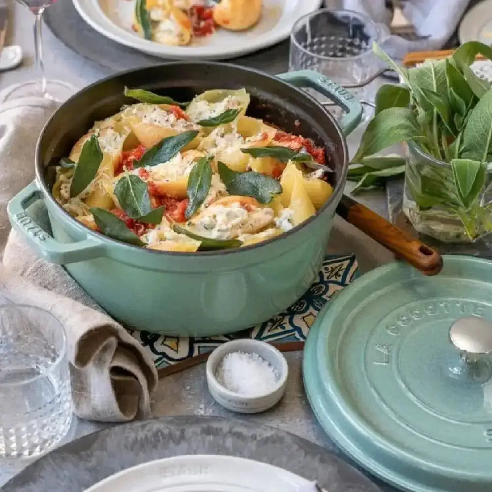Staub round cast iron casserole pot 3.8L sage in teal with matching lid la cocotte branding and sturdy handles