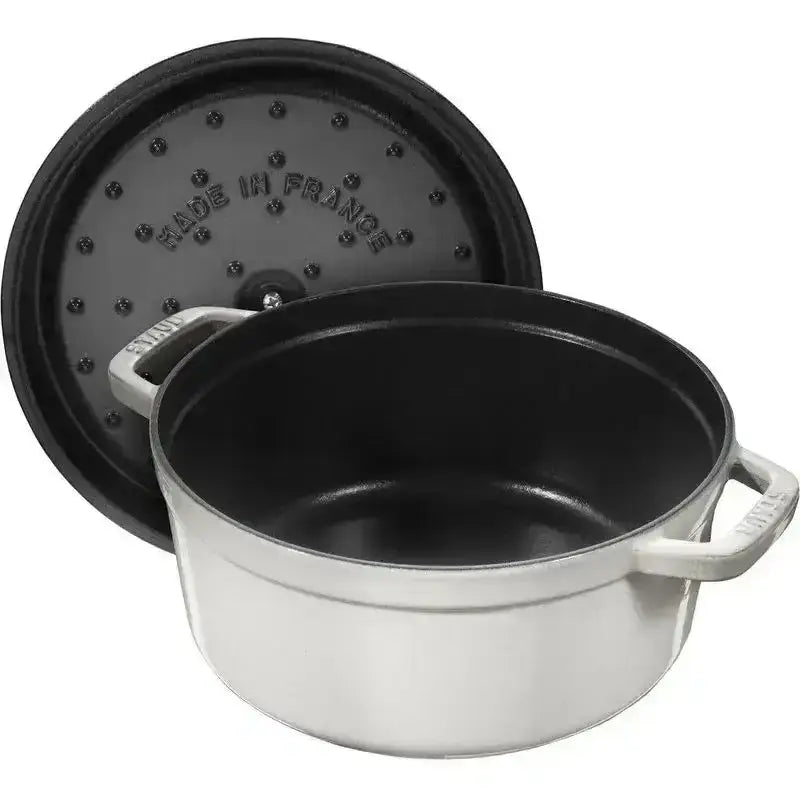 Staub round cast iron casserole pot 3.8l truffle silver enameled with black lid and handles made in france engraving