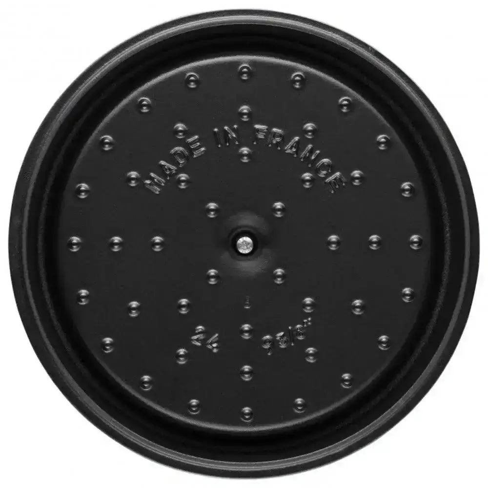 Black cast iron lid with made in france and size markings for staub round cast iron casserole pot 38l truffle