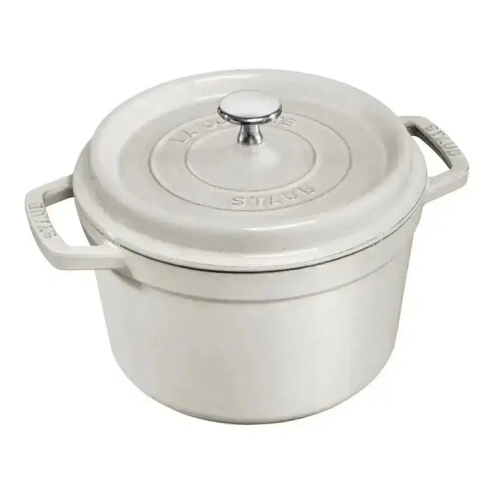 Staub round cast iron casserole pot 3.8L truffle cream enameled dutch oven with silver knob and embossed brand name