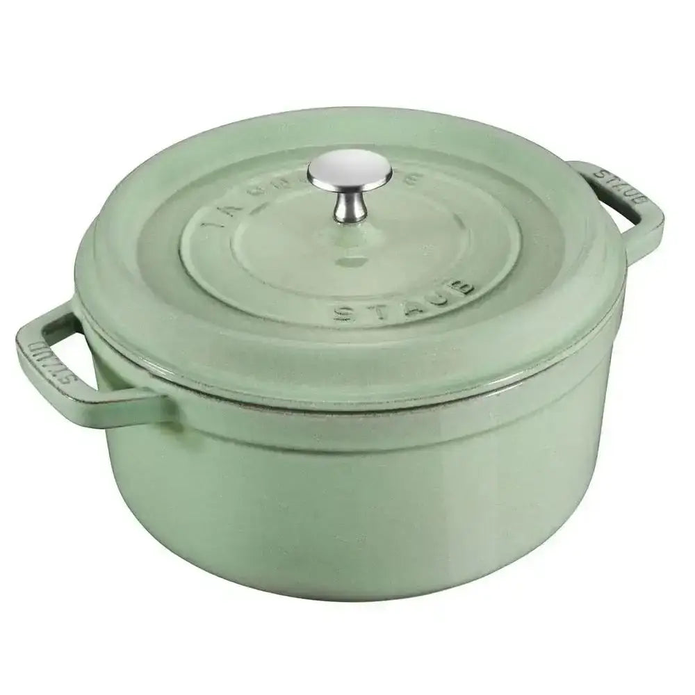 Staub round cast iron casserole pot 6.7l sage mint green enameled dutch oven with silver knob and handles