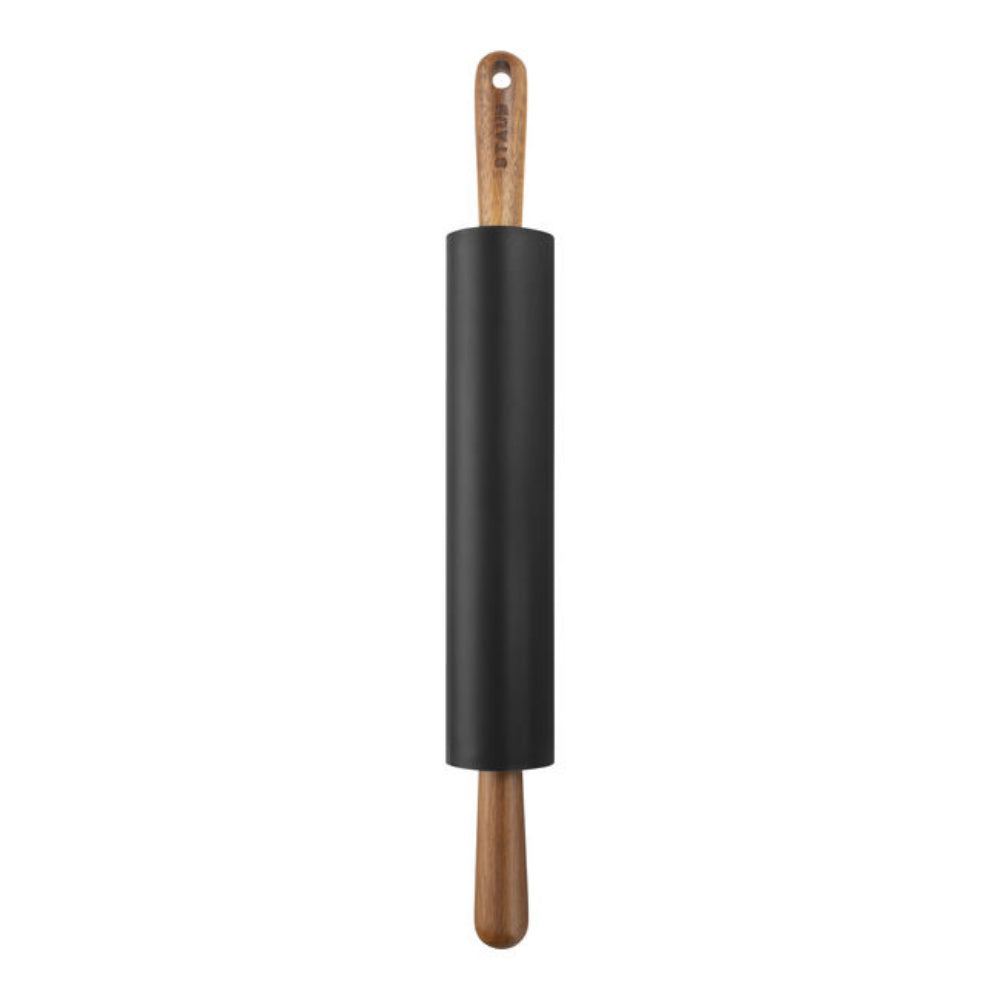 Silicone rolling pin with wooden handles on a white background.