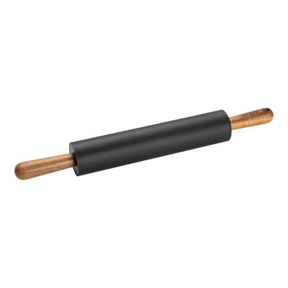 Black rolling pin with wooden ends on a white background