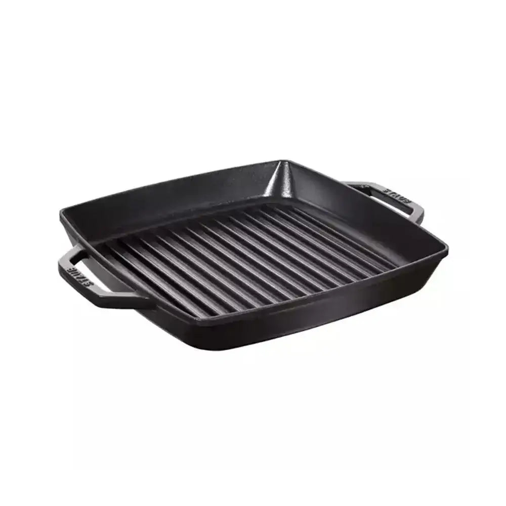 Staub square cast iron double handle grill pan 28cm black with raised ridges and integrated handles for grilling
