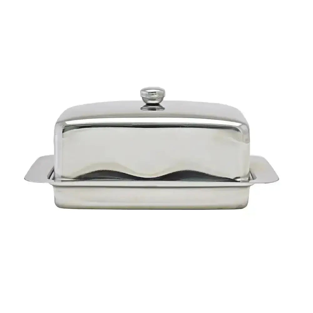 Silver butter dish with lid on a white background