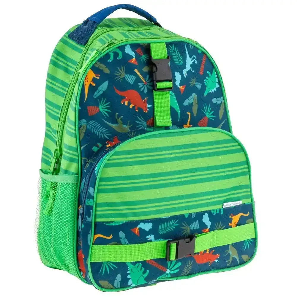 Green and blue backpack with dinosaur pattern on a white background