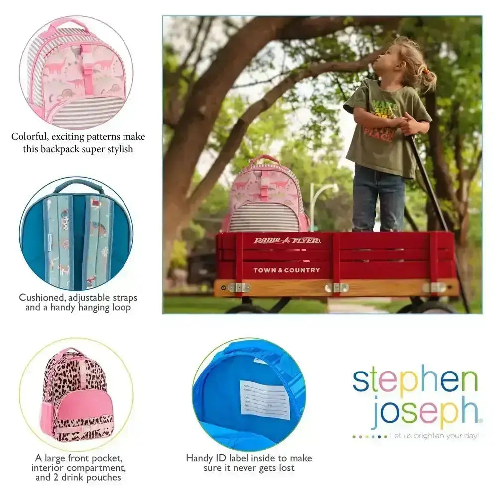 Child with a red wagon and backpack, surrounded by product features and Stephen Joseph branding.