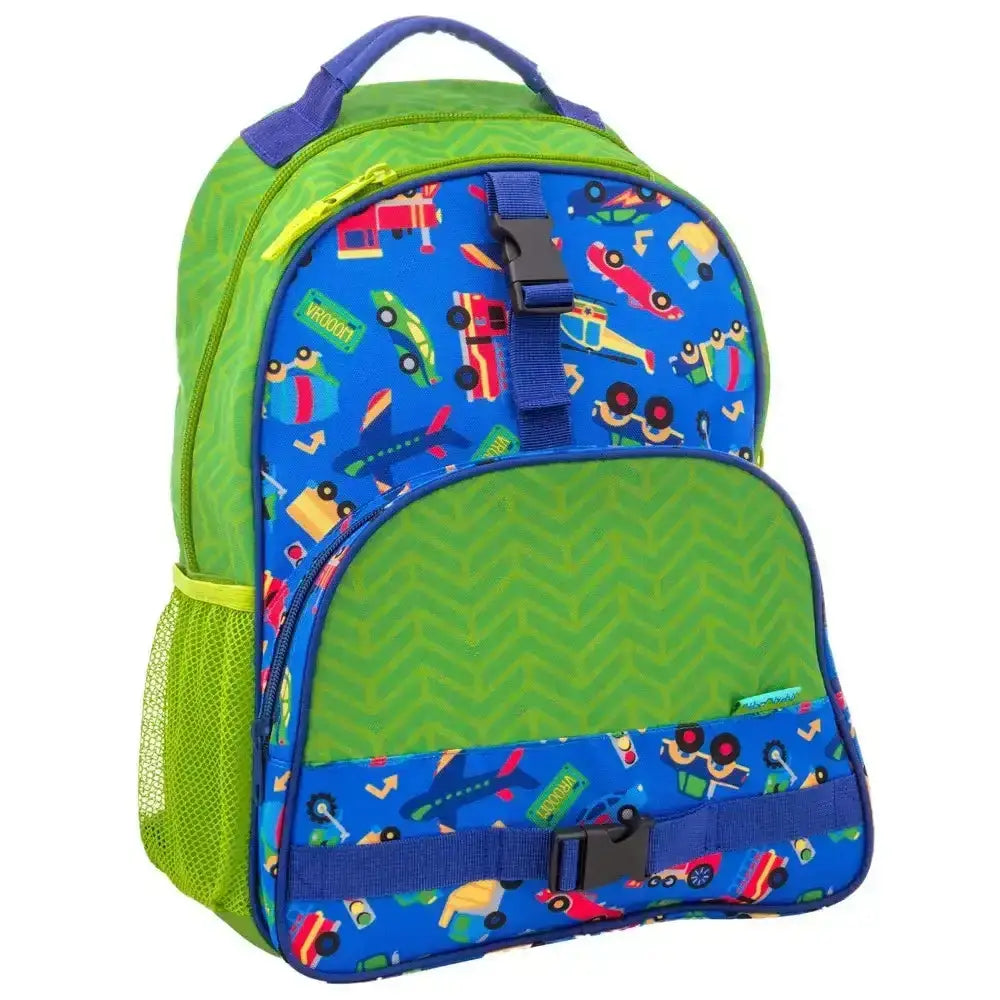 Colorful children's backpack with toy pattern on a white background
