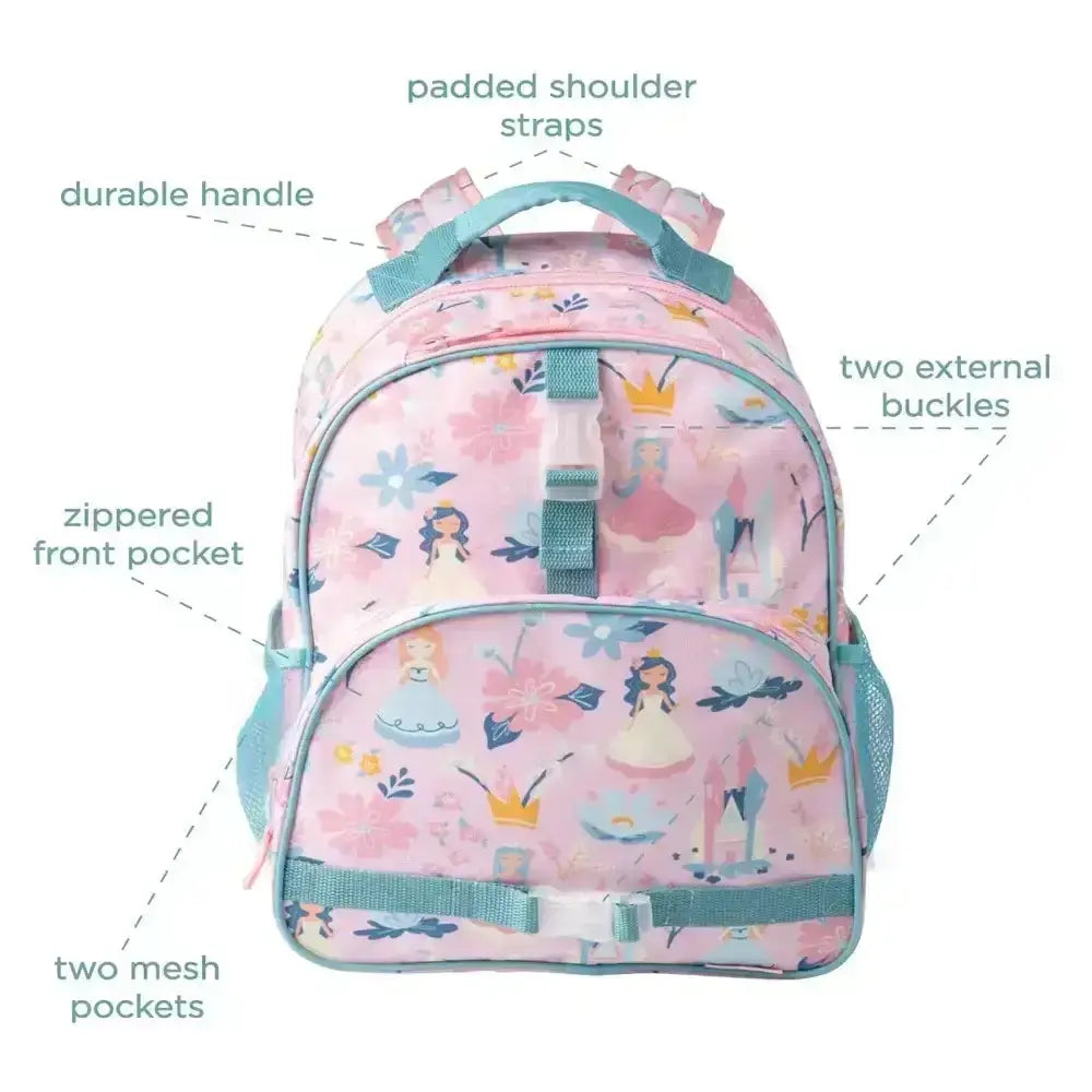 Pink children's backpack with princess design and feature labels on a white background