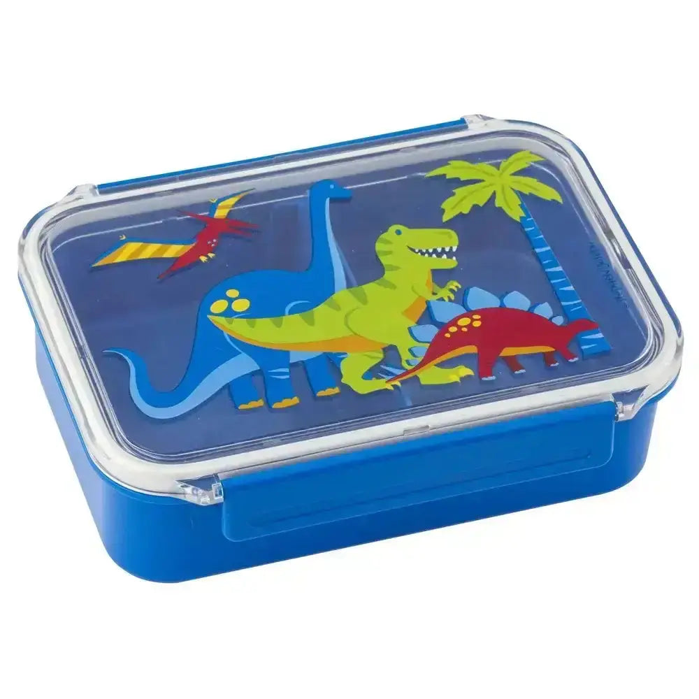 Blue lunch box with dinosaur design on a white background