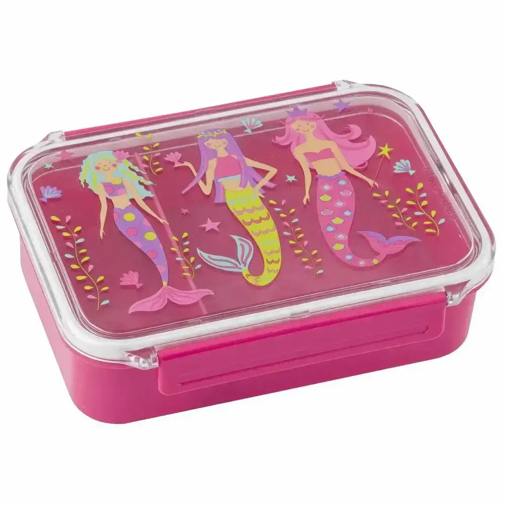 Pink bento lunch box with three colorful mermaid illustrations on the clear lid