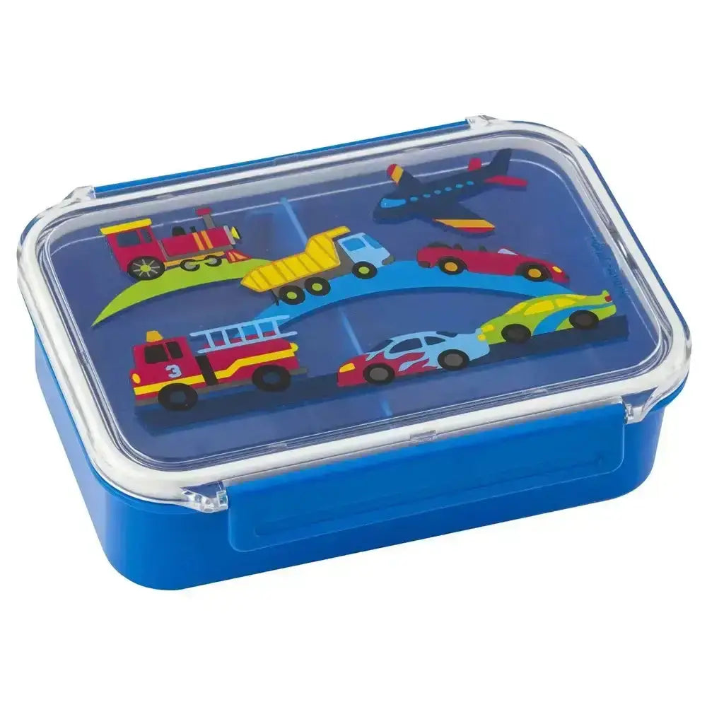 Blue lunch box with colorful transportation-themed design on a white background