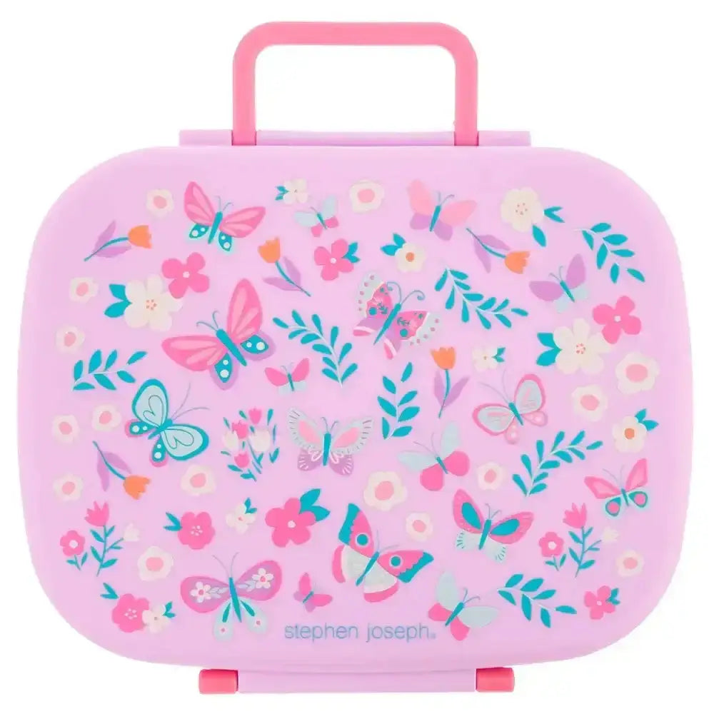 Pink suitcase with butterfly and floral pattern on a white background