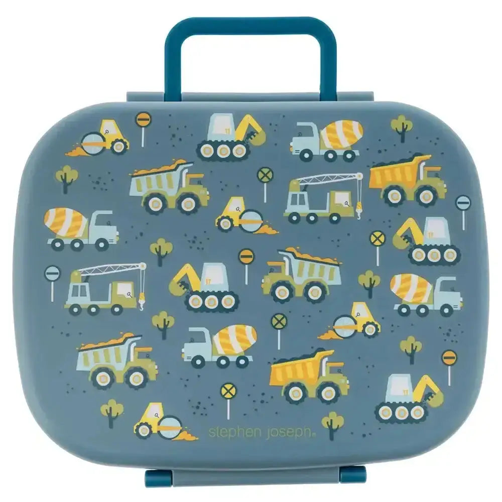 Blue stephen joseph bento lunchbox with handle featuring colorful cartoon yellow and green construction vehicles on surface