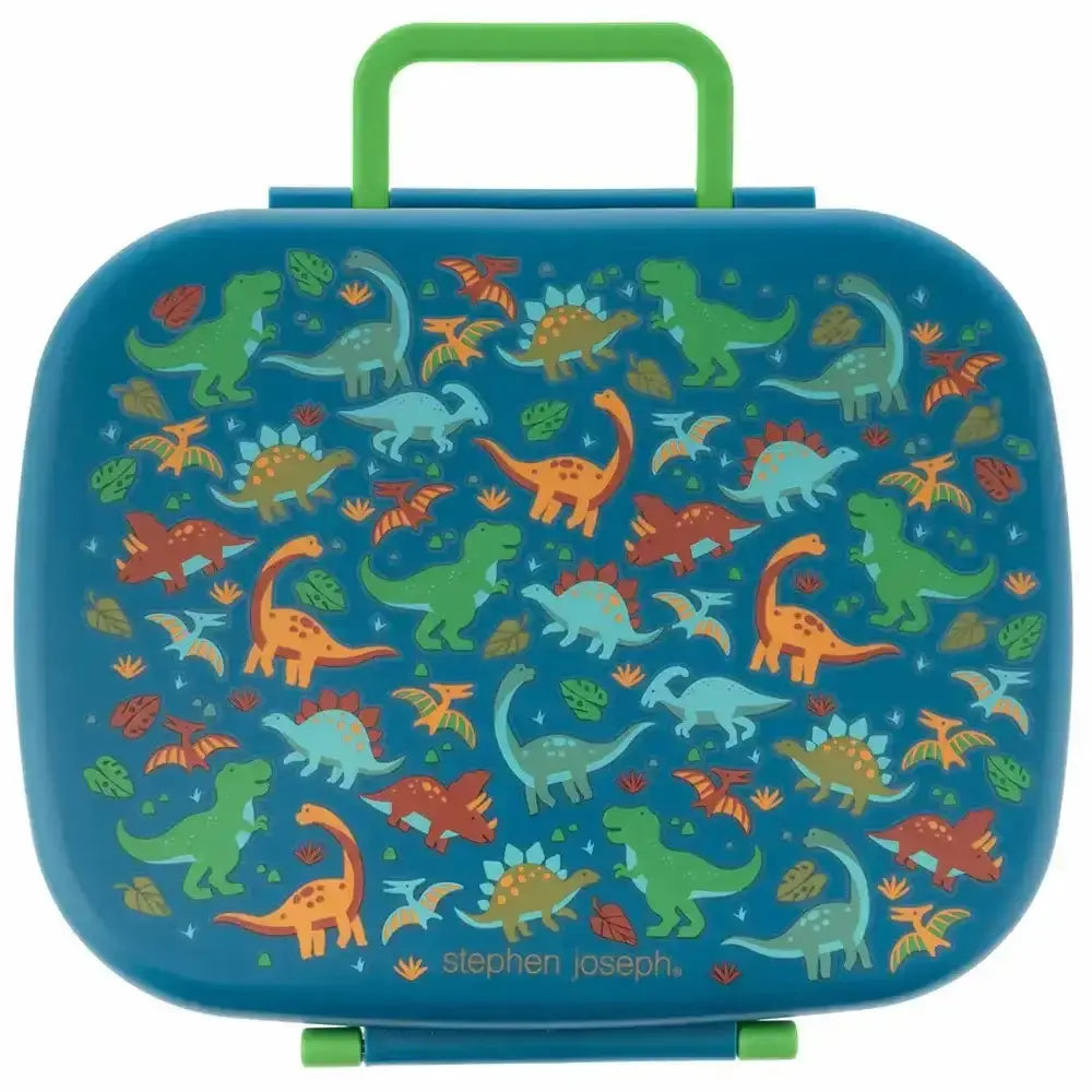 Blue lunch box with colorful dinosaur pattern and green handle, featuring the brand 'Stephen Joseph'.