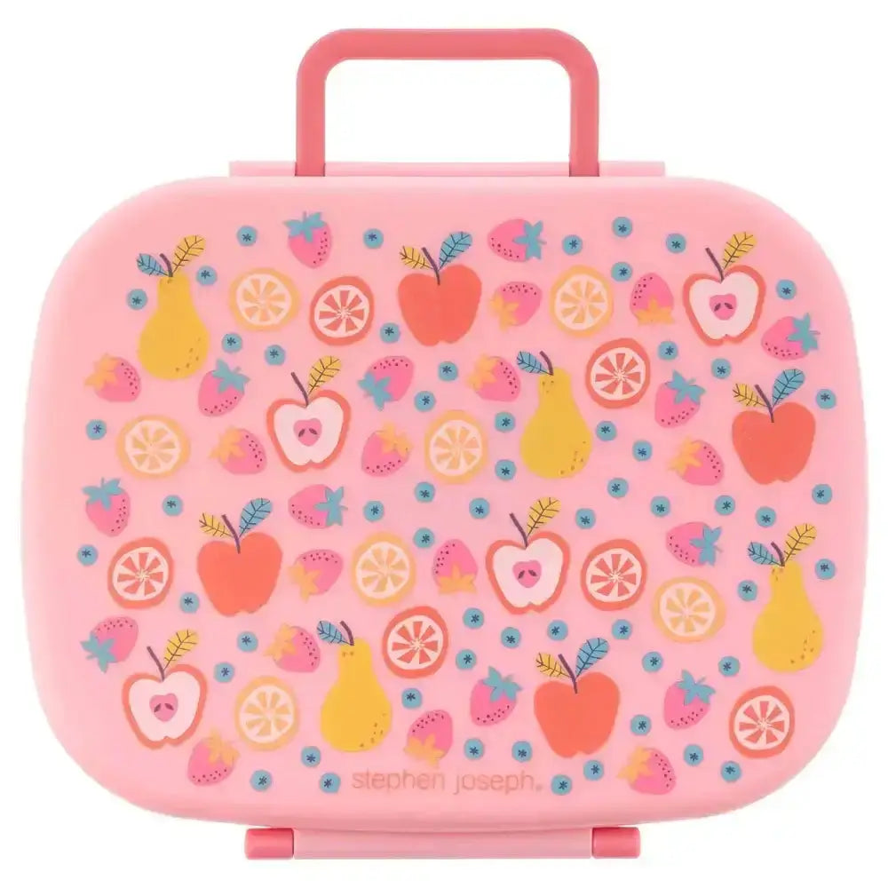 Pink lunch box with fruit pattern on a white background