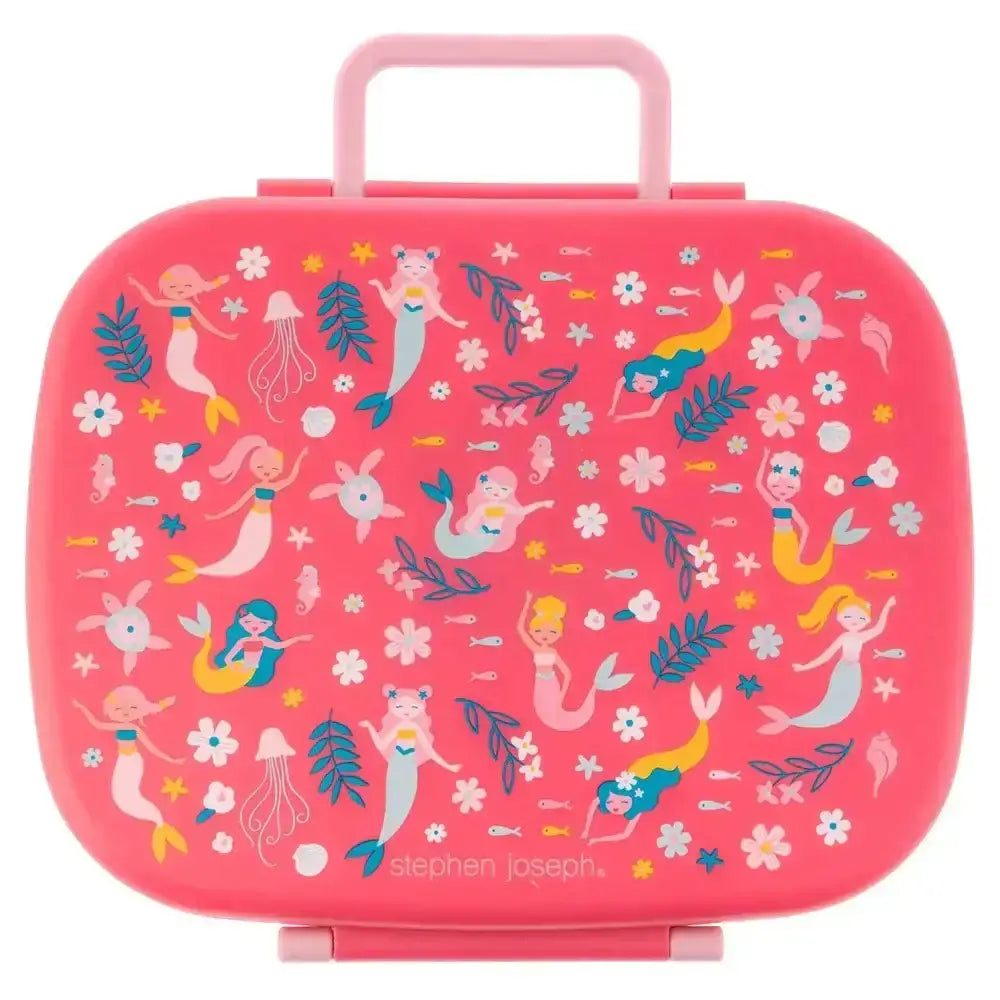 Pink lunchbox with mermaid pattern on a white background