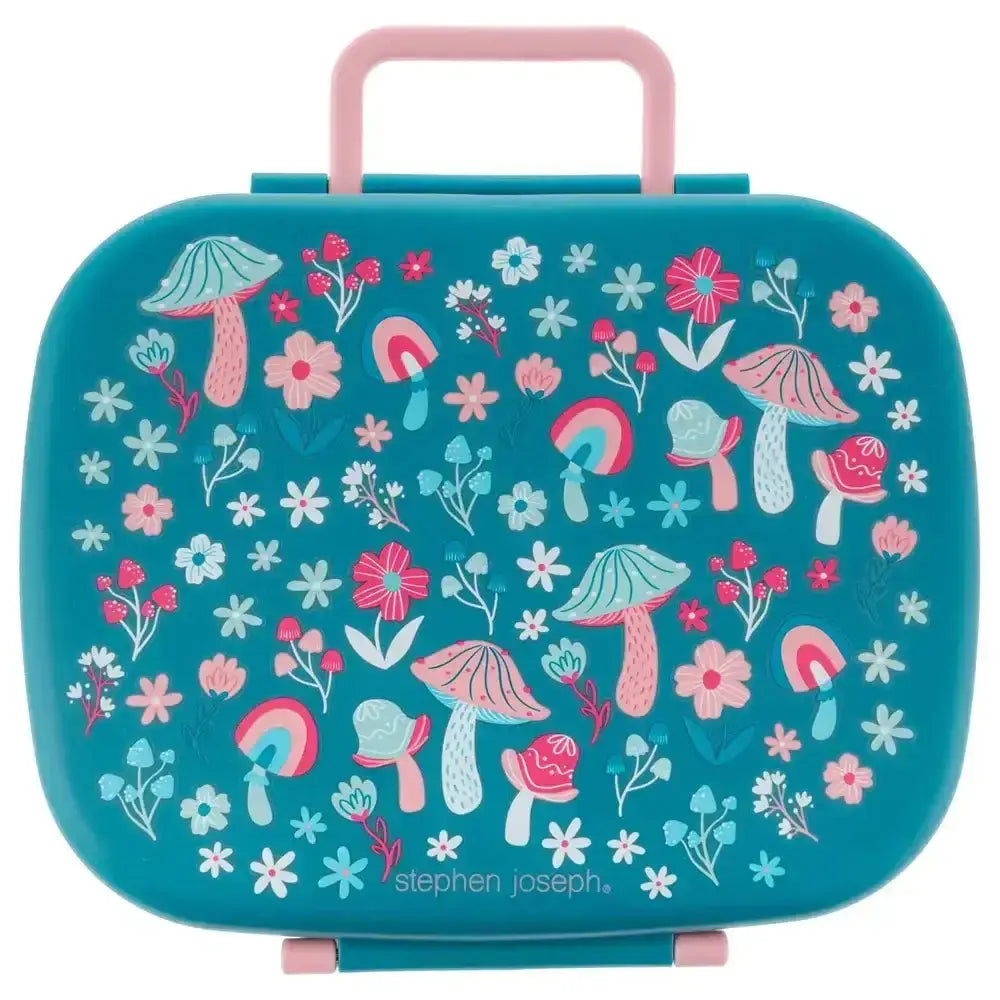 Children's lunch box with mushroom and flower pattern on a teal background