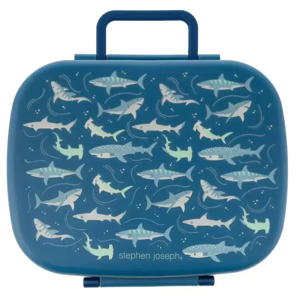 Blue kids bento lunch box with removable tray, featuring assorted shark illustrations.