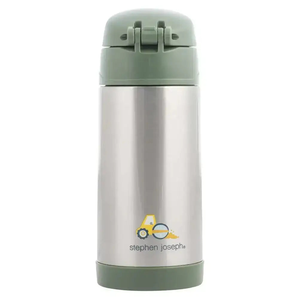Stainless steel thermos with green lid and Stephen Joseph logo on a white background