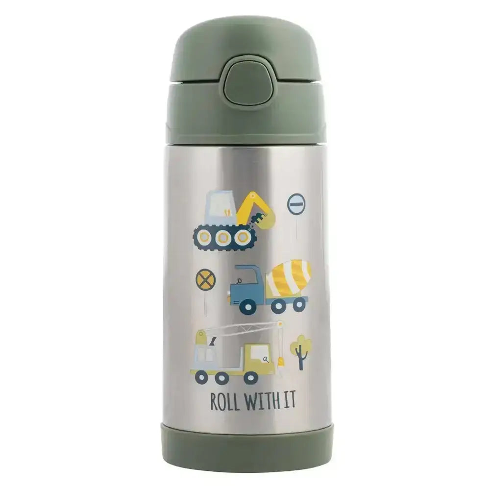 Children's thermos bottle with construction vehicle design on a white background