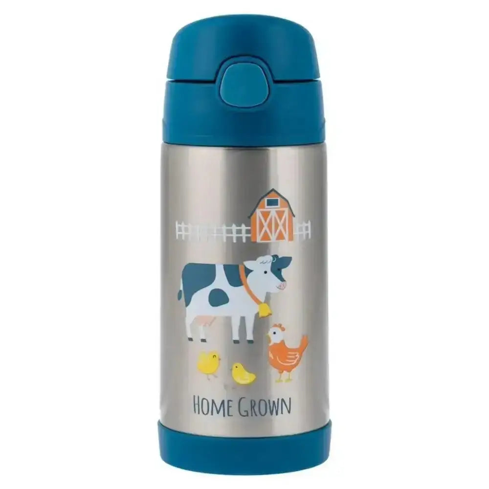 Children's stainless steel bottle with farm animal design on a white background