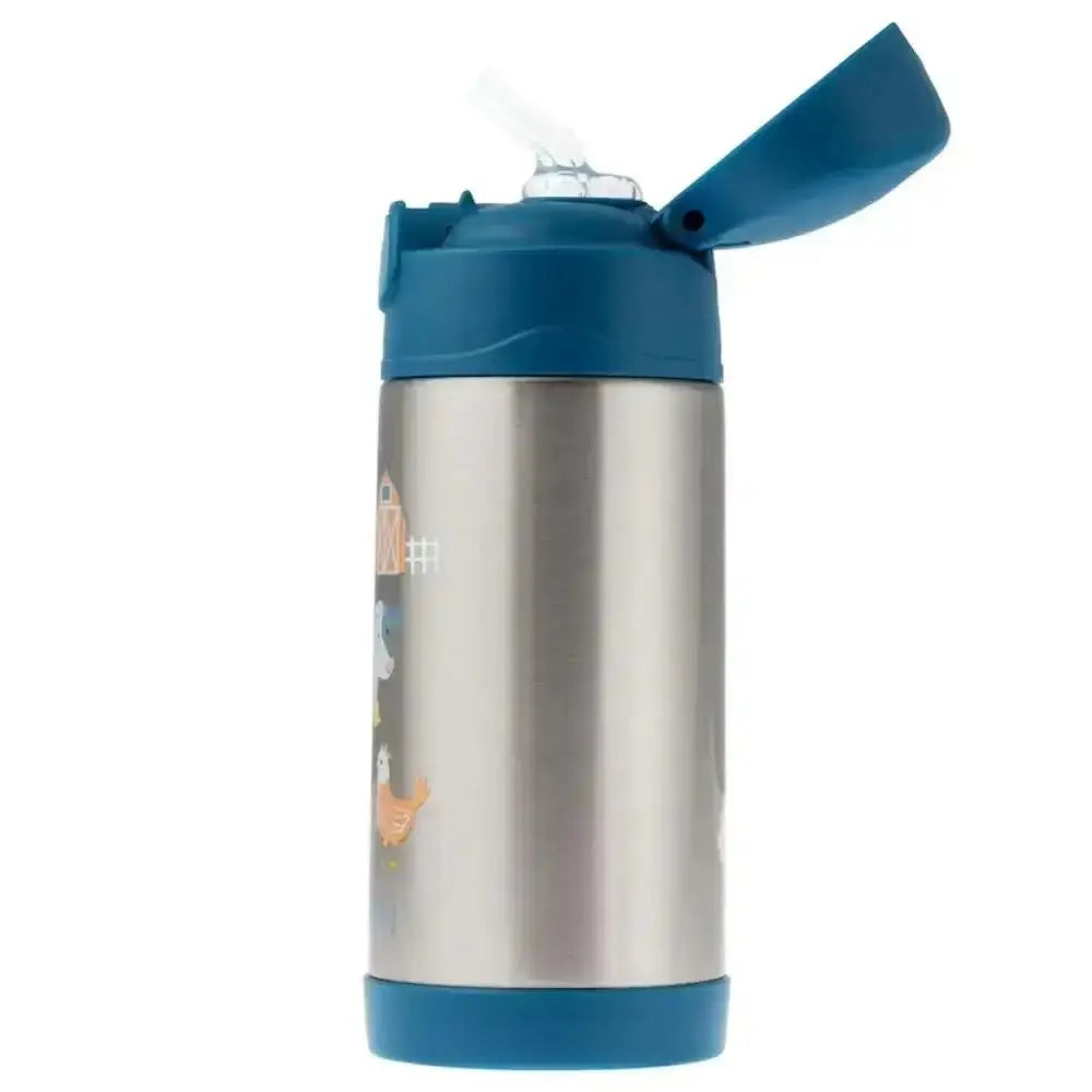 Stainless steel water bottle with blue lid and base on a white background
