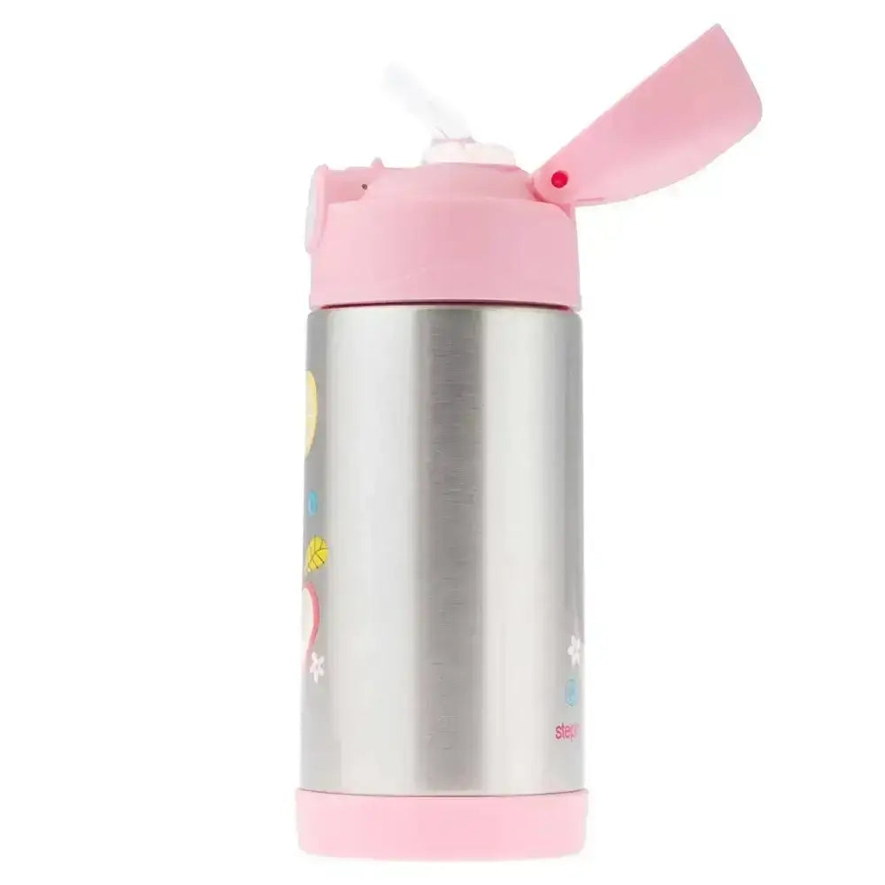 Children's stainless steel water bottle with pink lid and base on a white background
