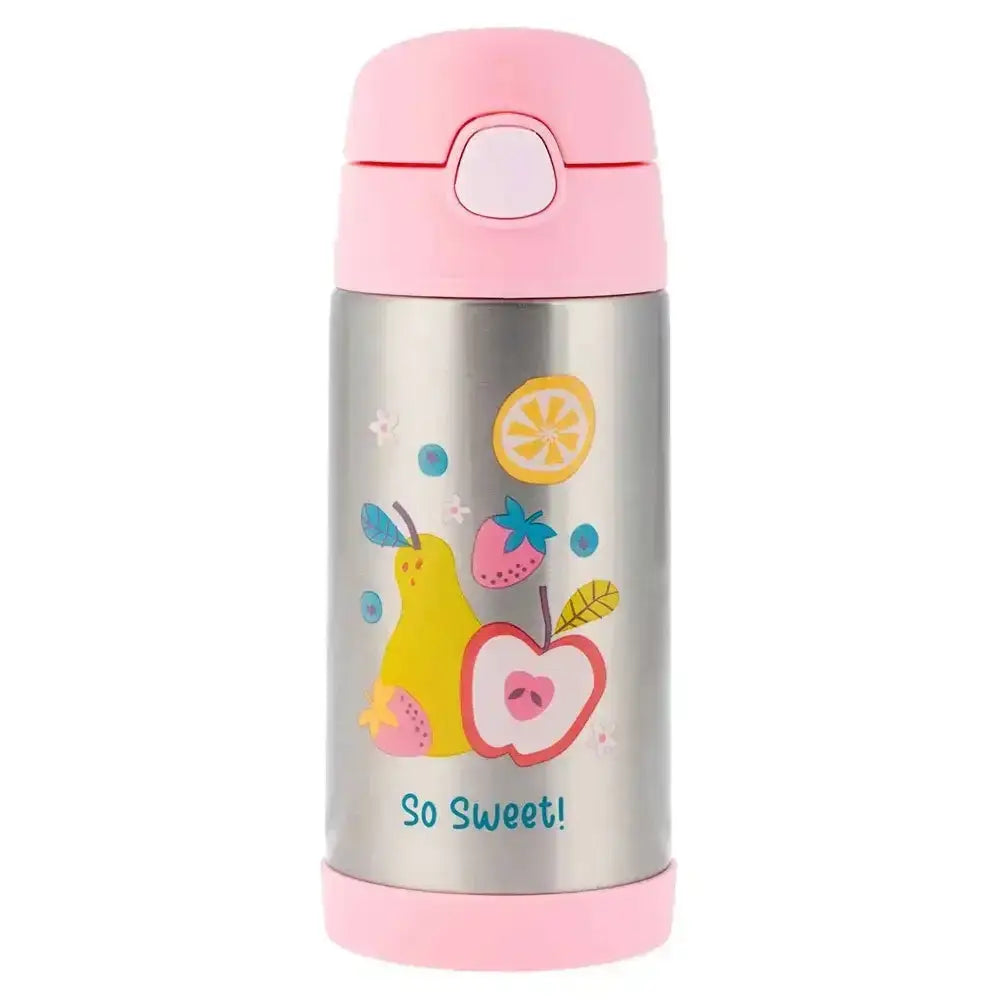 Children's thermos bottle with pink top and bottom, stainless steel body, and fruit-themed design on a white background.
