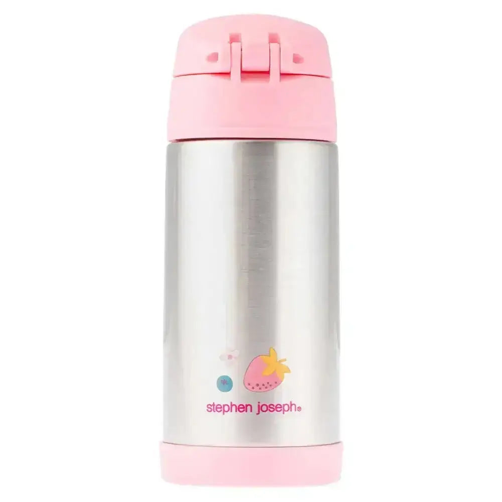 Stainless steel water bottle with pink lid and base, featuring the Stephen Joseph logo.