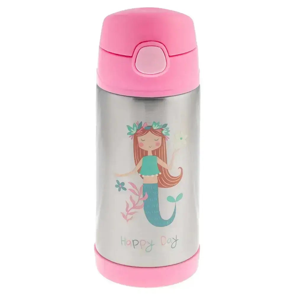 Children's stainless steel water bottle with pink lid and mermaid design on a white background
