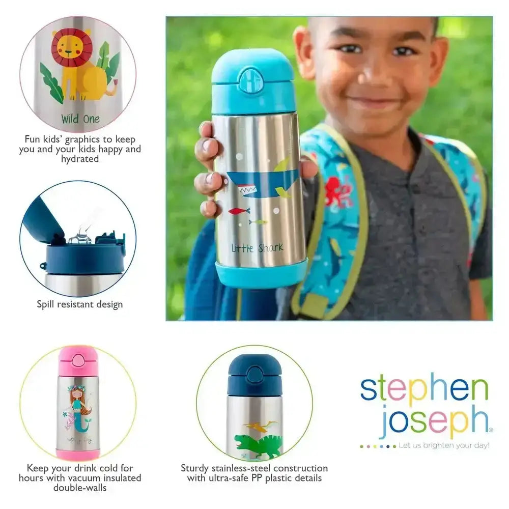Child holding a Stephen Joseph insulated bottle with product features displayed.