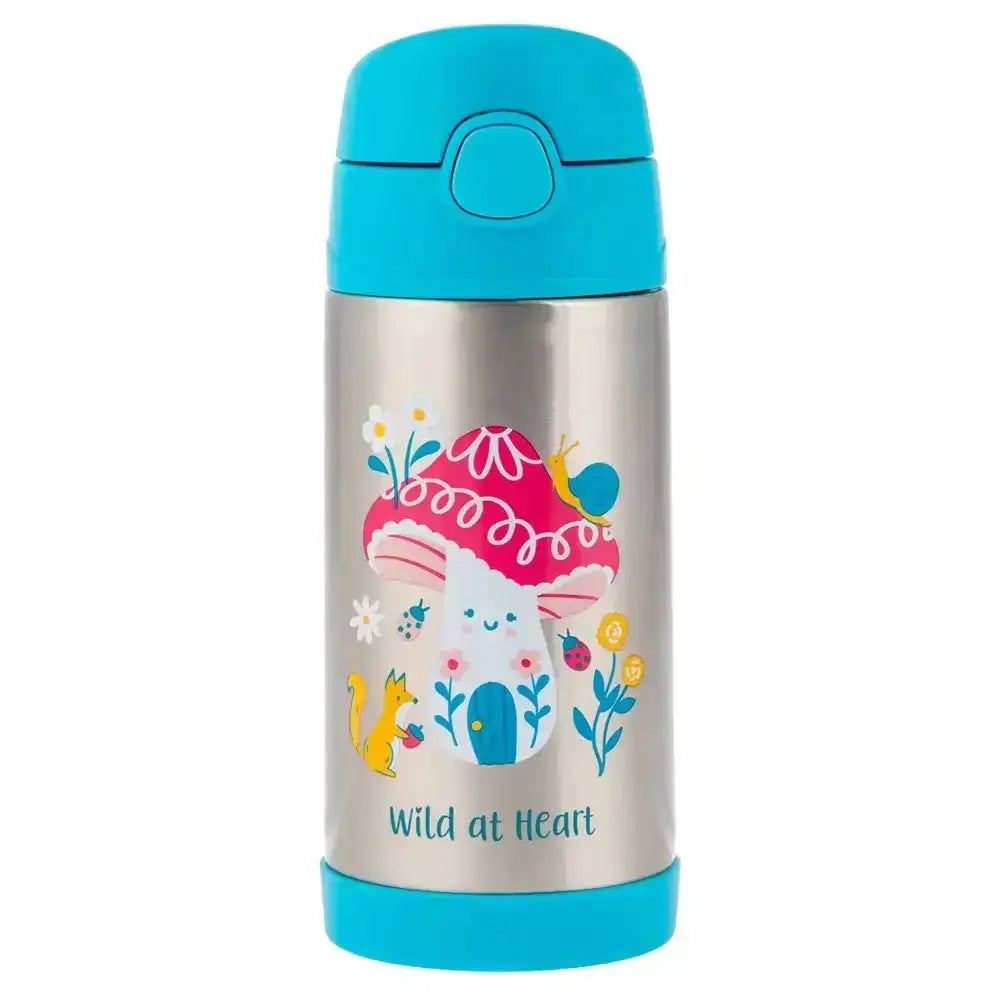 Children's thermos bottle with cartoon design and 'Wild at Heart' text on a white background