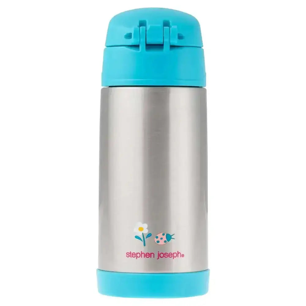 Stainless steel thermos with turquoise lid and base on a white background