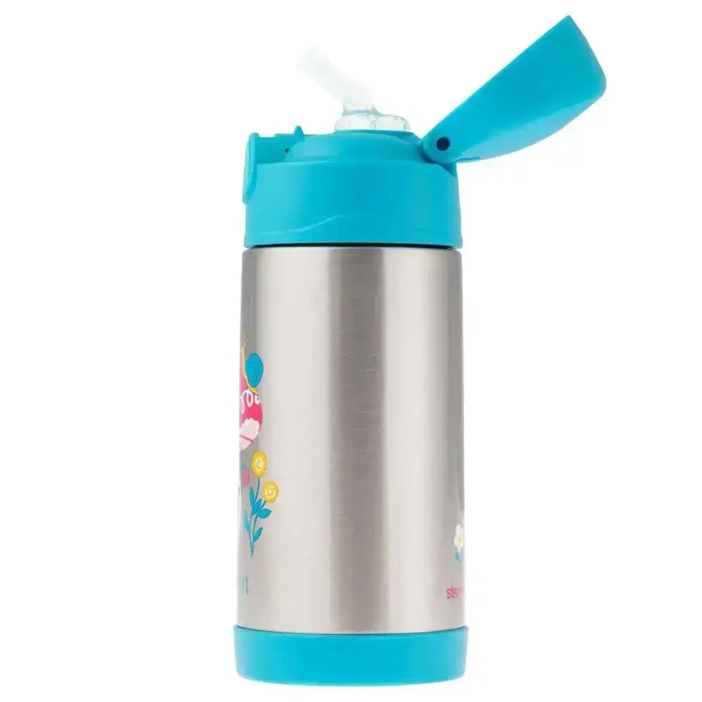 Children's water bottle with blue lid and floral design on a white background