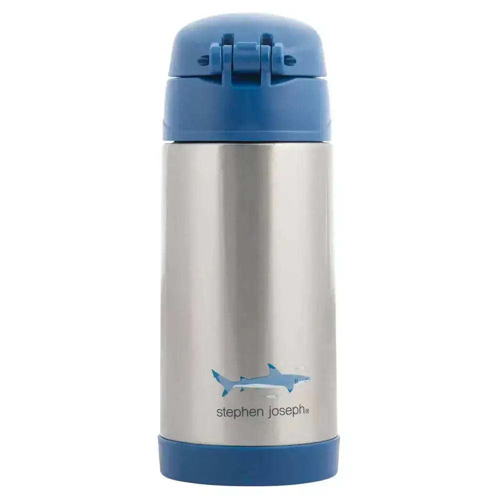 Stainless steel water bottle with blue lid and shark design on a white background