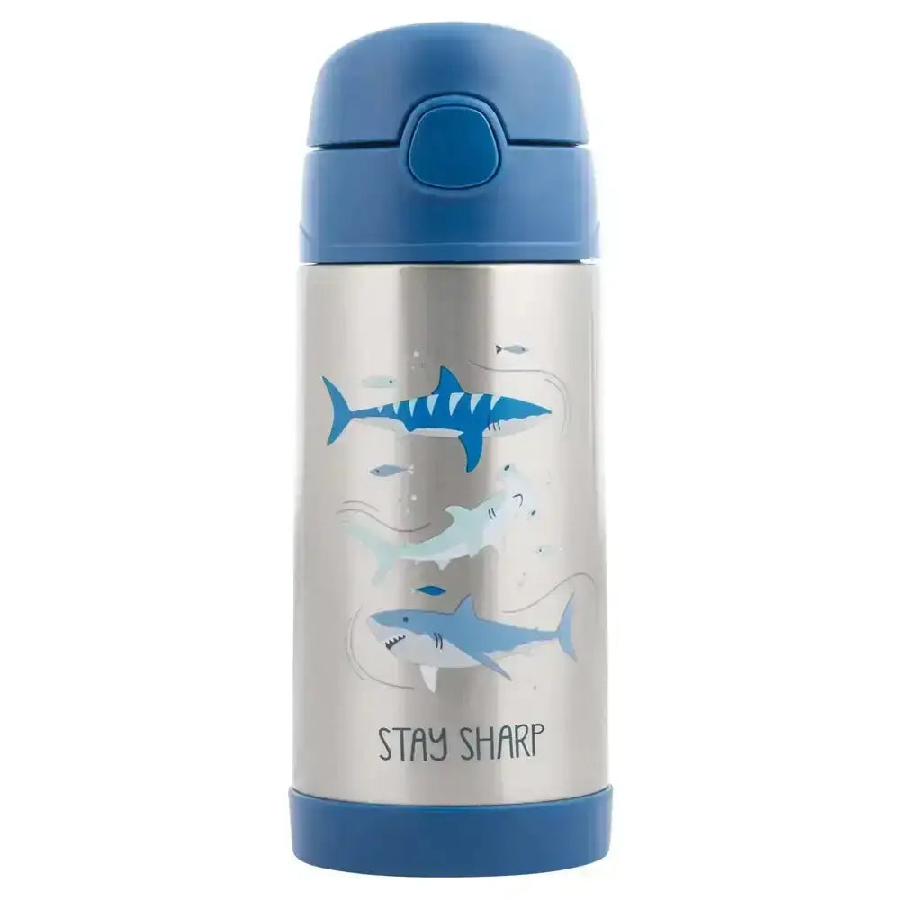 Children's thermos with shark design and 'Stay Sharp' text on a white background