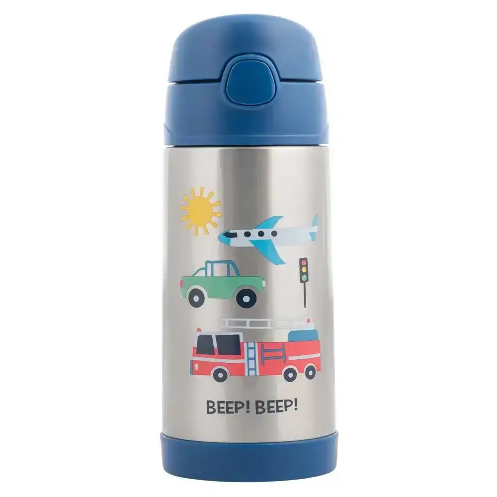 Children's thermos bottle with vehicle illustrations on a white background