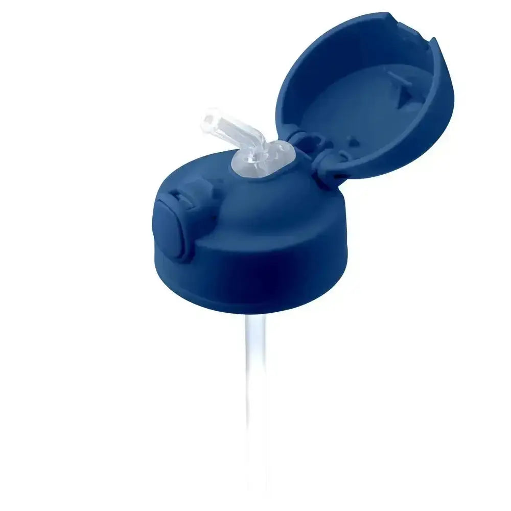 Blue lid with a white straw on a white background