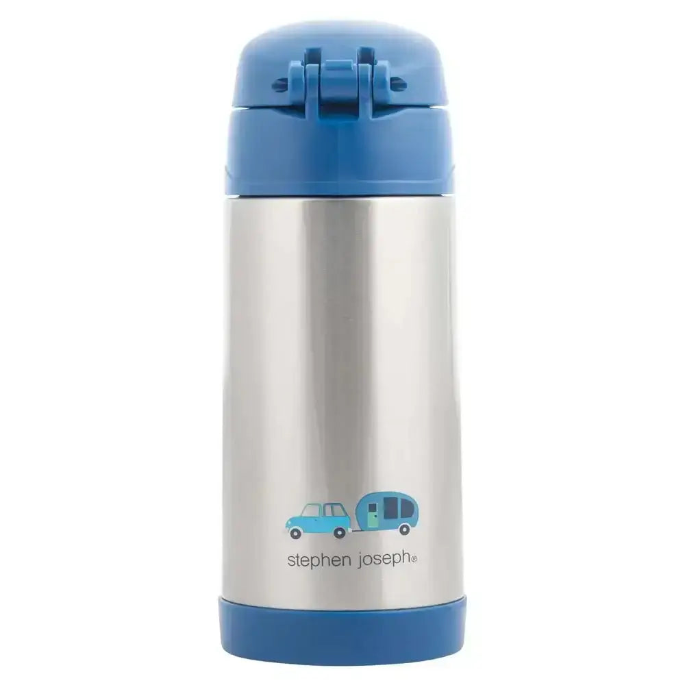 Stainless steel thermos with blue lid and bottom, featuring 'Stephen Joseph' branding.