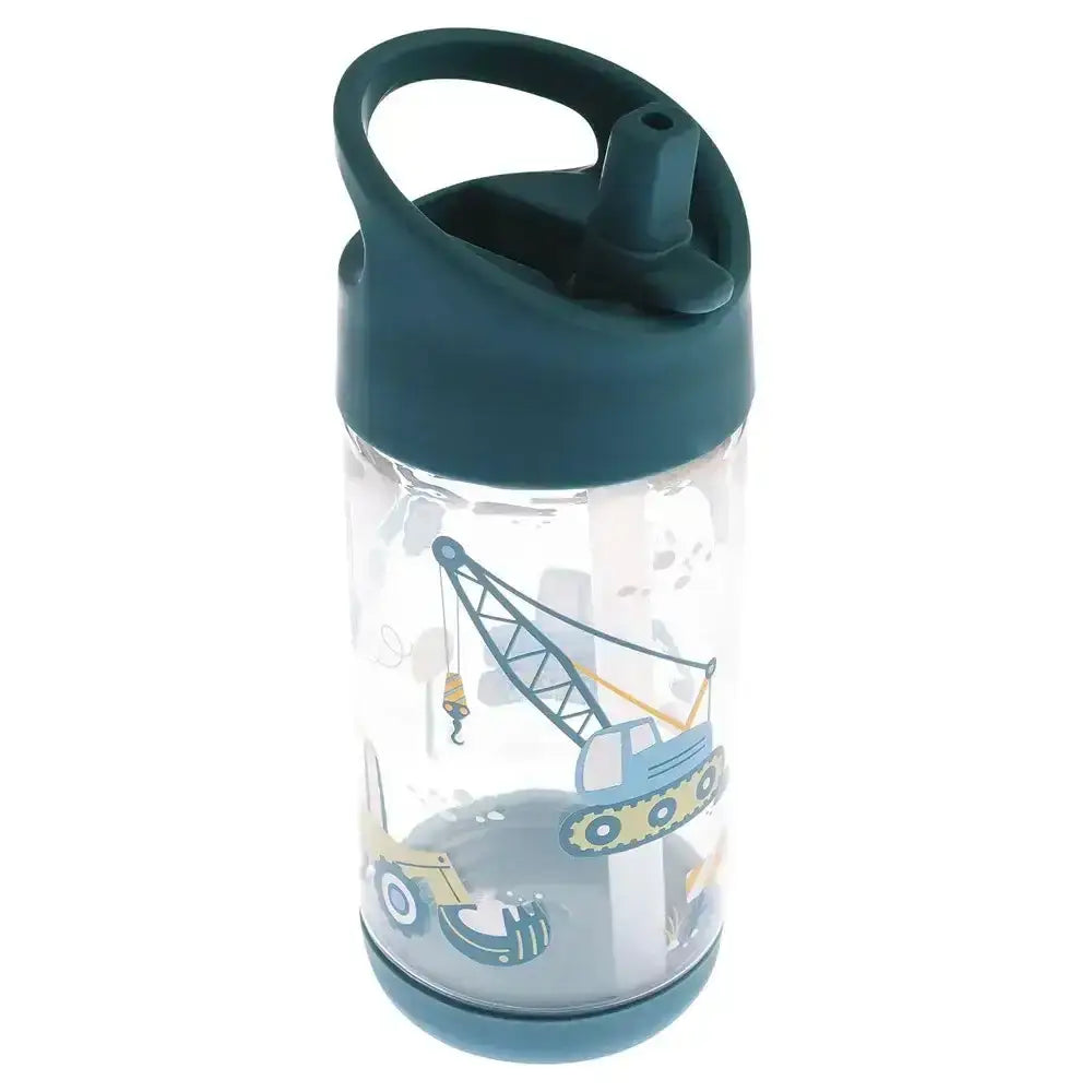Children's water bottle with construction vehicle design on a white background
