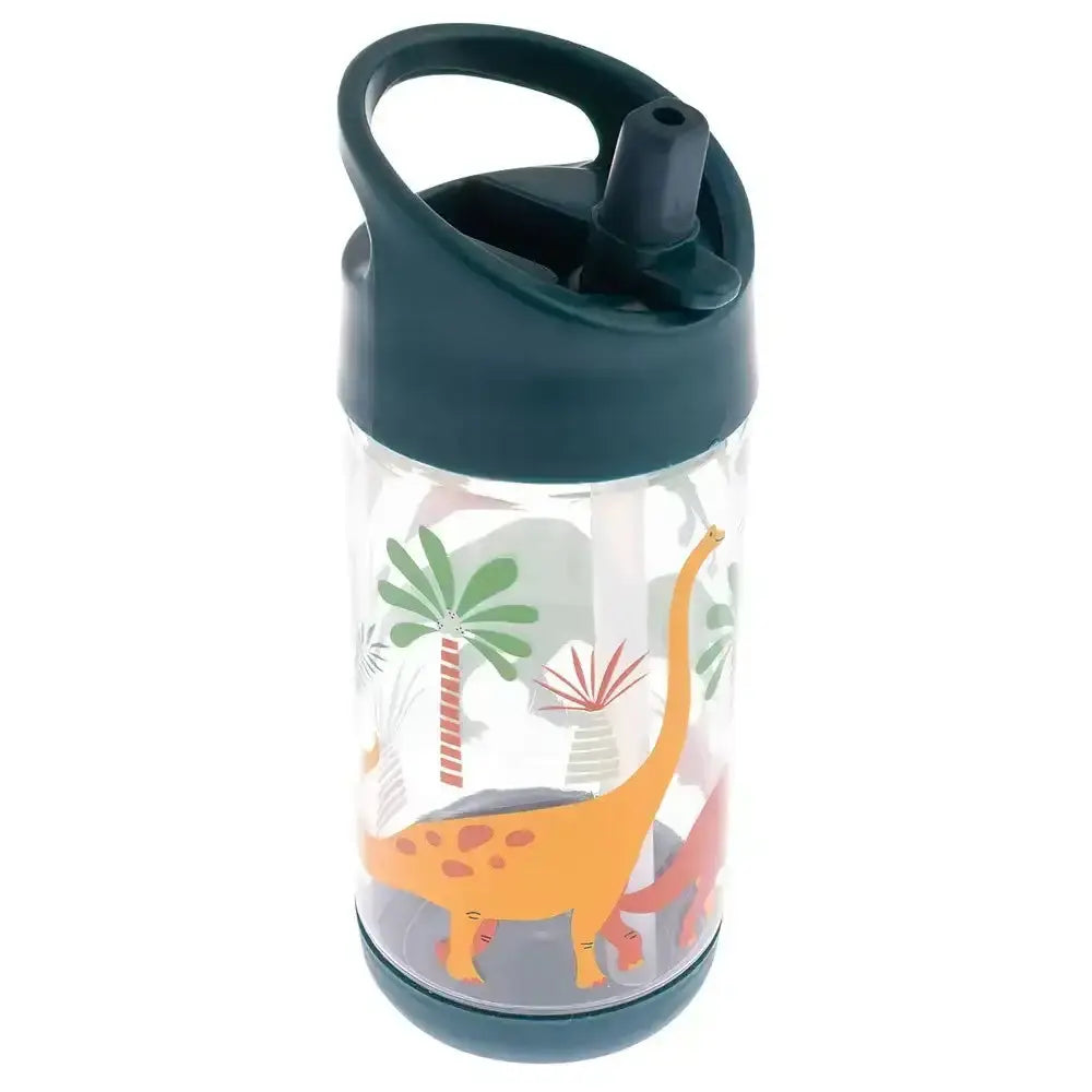 Clear water bottle with dinosaur design and dark blue lid on a white background